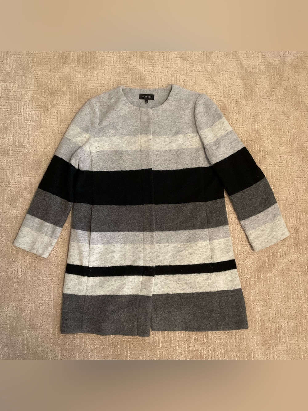 🖤🩶 Talbots Gray Black Striped Wool Blend Sweater Coat XL Minimalist Classic